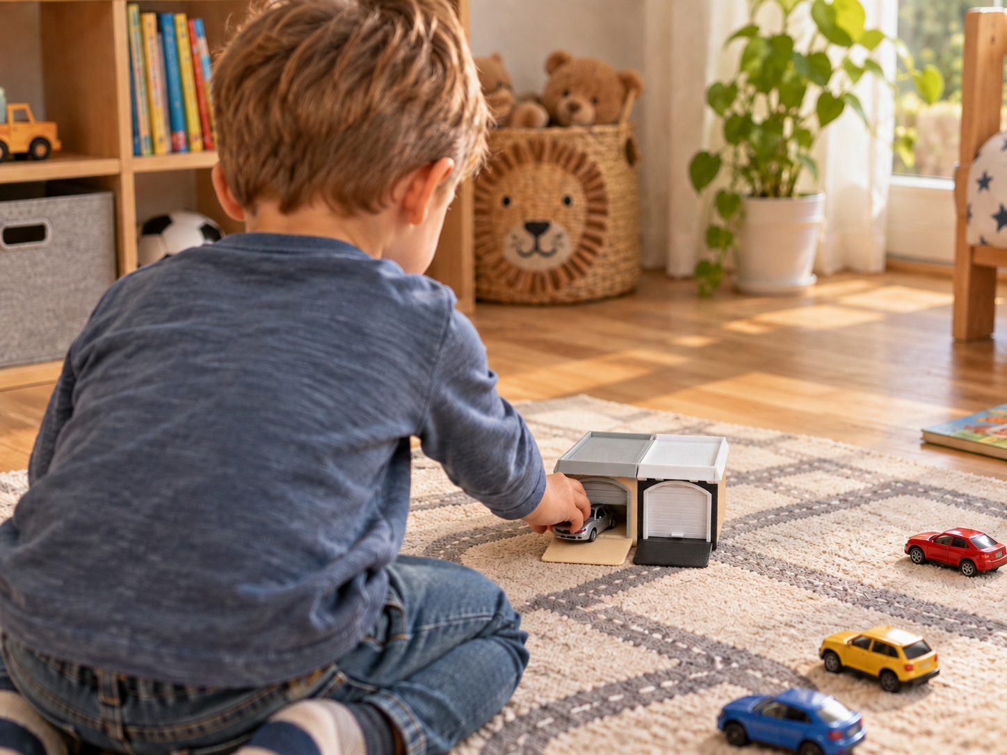 Kind spielt mit modularen WieselsWelt Garagen und Modellautos
